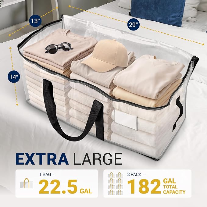 Reli. Moving Bags Heavy Duty (8 Pack) Clear, Extra Large Totes | For Storage & Packing | Small Space & Dorm Room Essentials | Packing Bags w/ Handles & Zippers | Alternative to Moving Boxes