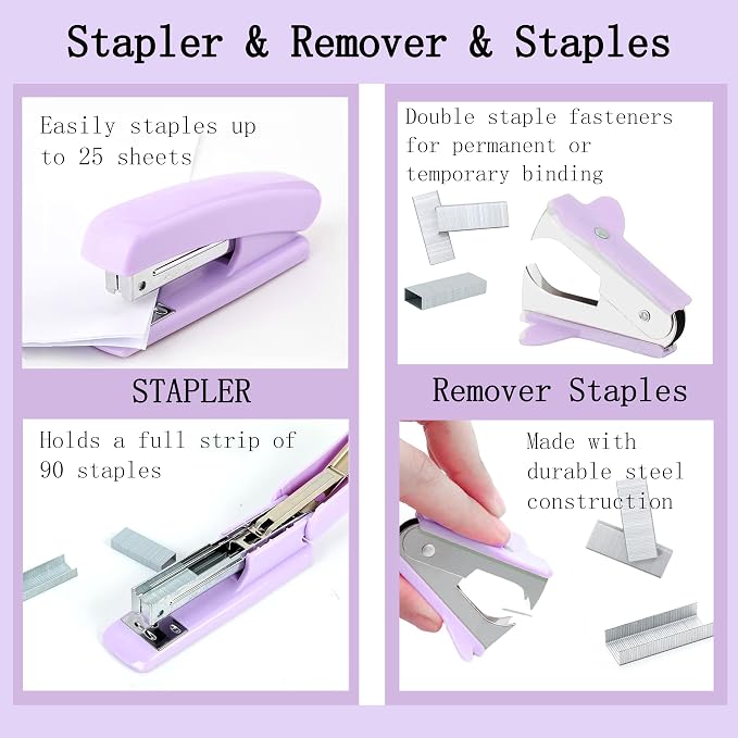 Dimonluce Purple Desk Accessories, Purple Office Supplies Accessories with Tape Dispenser, Stapler, Staple Remover, 1000 Staples, Tape, Clips Set, Ruler, Scissor, Pen