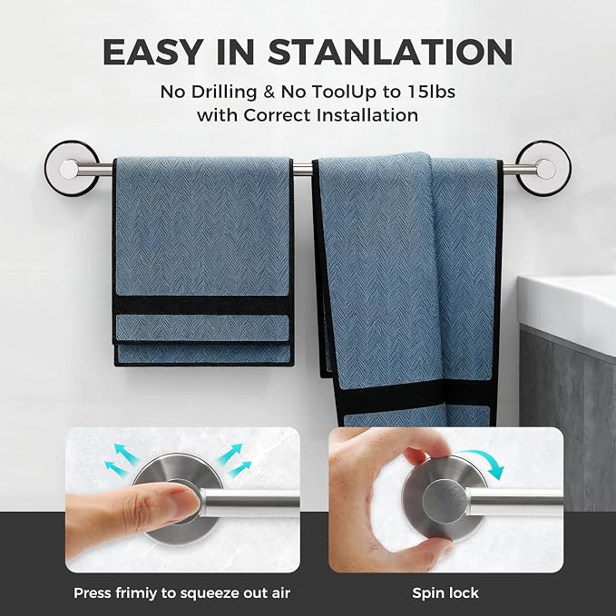 Adjustable Suction Cup Towel Bar for Bathroom Wall,14.6Inch~24 Inch Towel Racks for Bathroom,Stainless Steel Bath Towel Holder for Shower(Brushed Silver)