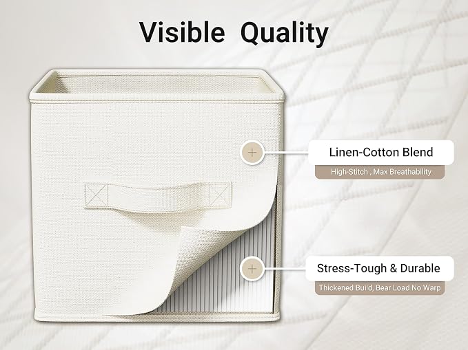 LayerSpace 4 Pack Foldable Fabric Closet Storage Bins, 11Inch Organizer Cubes with Handles, Linen Storage Boxes for Clothes, Toys, Books and Home Organization, White& Ivory | Thickened Rigid PP Panels, Cotton-linen Shelf Baskets, Measure 11"L x 11"W x ...