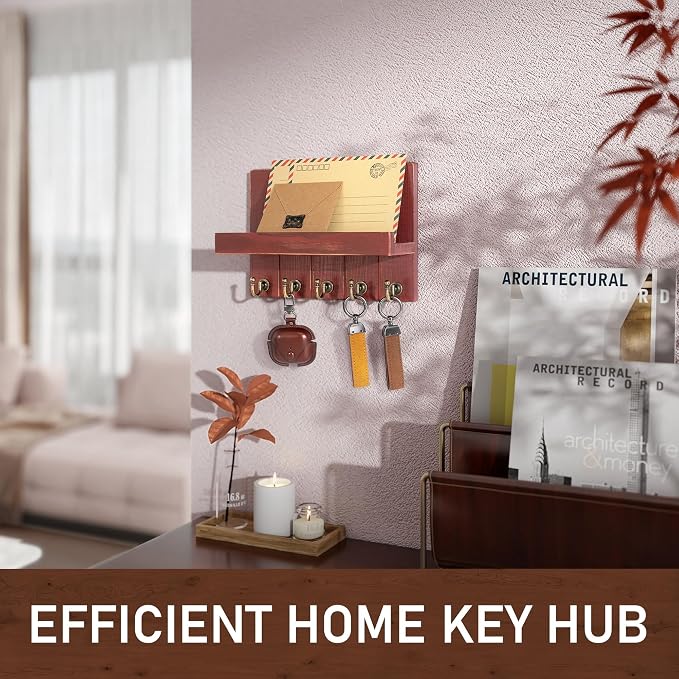 Rebee Vision Key Holder Wall Mount with Floating Shelf for Home Decor, Red | 3.54" x 10" x 7.28", 5 Hooks, Pine Wood, Key Holder for Wall for Room Decor, Apartment Essential, Cozy Farmhouse Decor