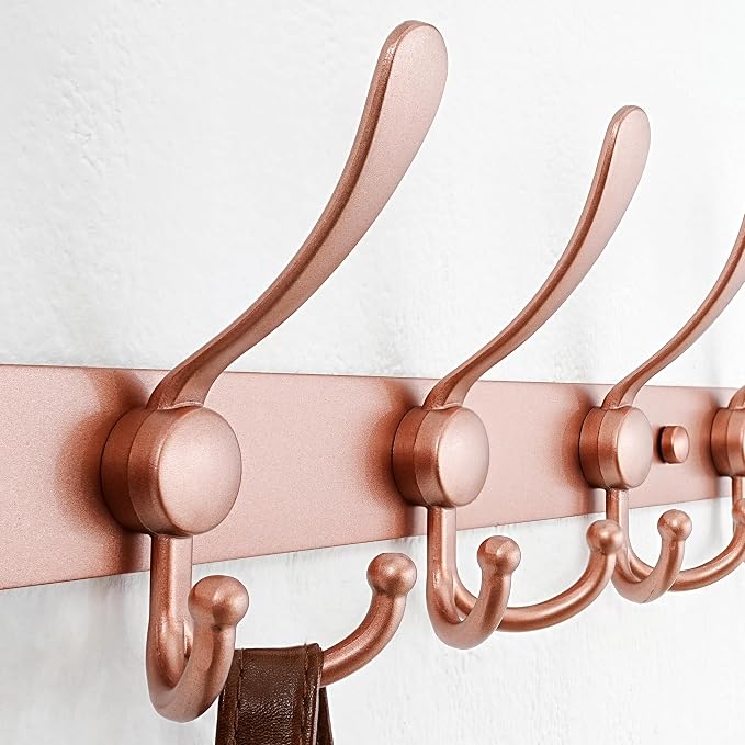 Dseap Coat Rack Wall Mounted - 5 Tri Hooks, Heavy Duty, Stainless Steel, Metal Coat Hook Rail for Coat Hat Towel Purse Robes Mudroom Bathroom Entryway (Rose Gold, Pack of 2)