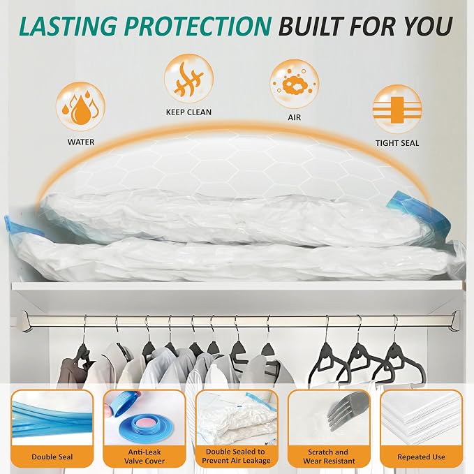 Cozy Essential Vacuum Storage Bags, 80% Compression Vacuum Seal Space Saver Plastic Packaging Bags for Clothes, Blankets, Pillow, Bedding, Comforters, Sealer Clothing Storage,12 Jumbo