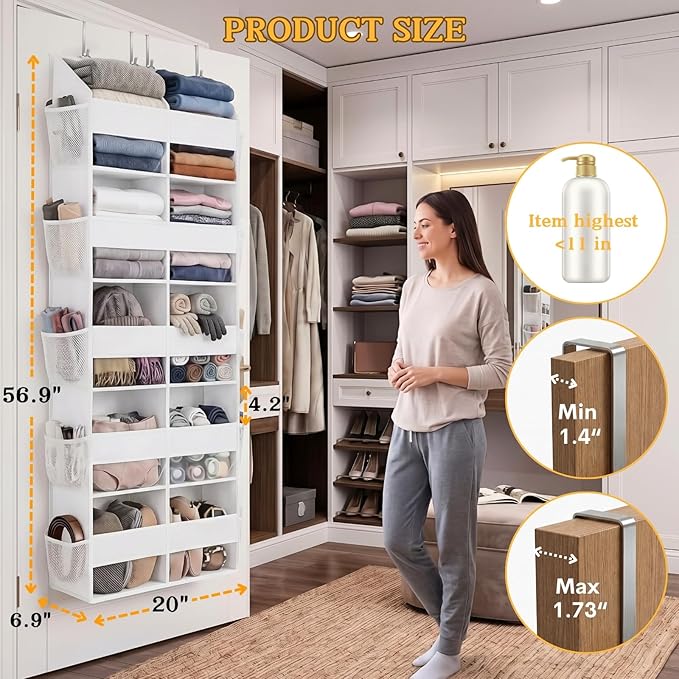 Over The Door Organizer 5 Tiers, Extra Large Behind Door Storage of 10 Compartments, 80 lbs Weight Capacity Hanging Storage Organizer with Clear Window Kids Toys, Shoes,Diapers, Room Storage, White