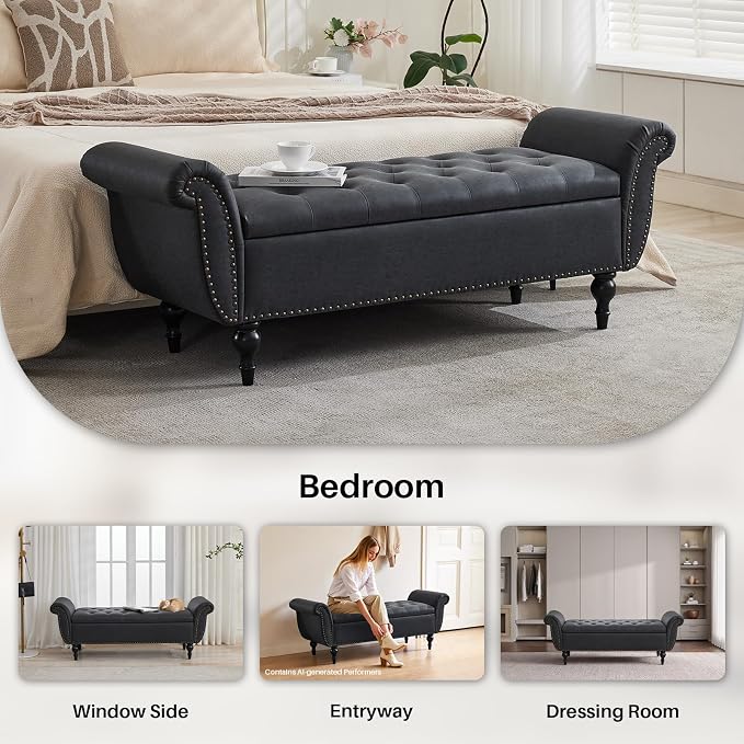 Storage Ottoman Bench, 64" Faux Leather End of Bed Bench, Black | Tufted Button Window Bench with Safety Hinge Hidden Storage Space Faux Leather Ottoman Bench for Bedroom Living Room Entryway