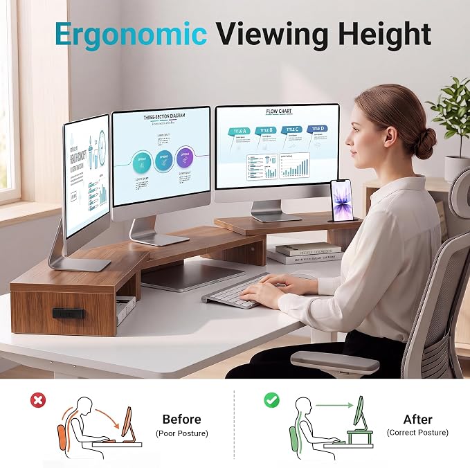 BONTEC Triple Monitor Stand Riser with Smartphone Holder, Walnut | Adjustable Length & Swivel Angle, Ergonomic Wooden Desktop Organizer for PC Monitor, Laptop, Printer, Large Storage, 53.3 in
