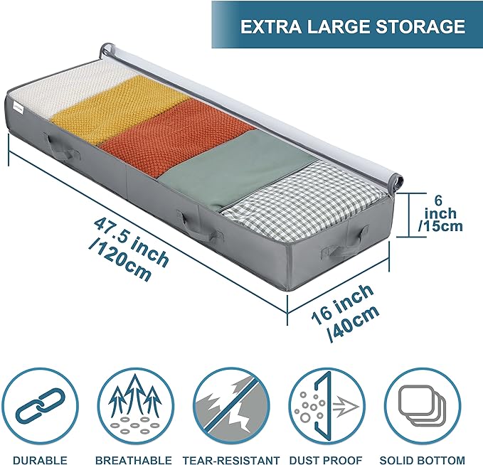 Under Bed Storage Containers, 2 Pack Under the Bed Bags, Clear Underbed Storage Bins with Sturdy | Adjustable Dividers | Sidewalls | Bottom, Closet Organizer for Clothes Sheet Blankets, 47.5x16x6in