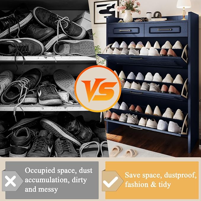 ODUWA Shoe Cabinet with 3 Flip Drawers and 2 Storage Drawers, Shoes Organizer Cabinets with Adjustable Divider, Hidden Shoe Storage Cabinet for Entryway, Hallway, Living Room, Blue