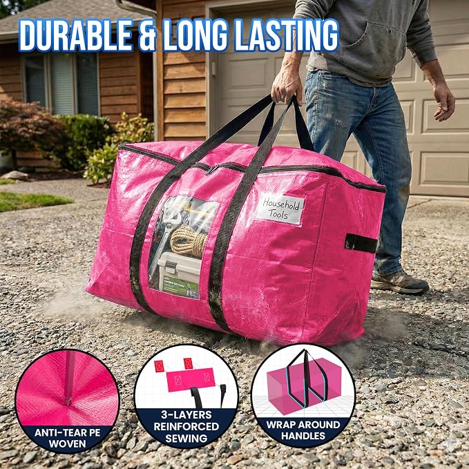 TAILI 10 Pack Pink Extra Large Moving Bags, Heavy Duty Totes with Visible Window, Wrap Around Handles, Ideal for Storage, Space-Saving