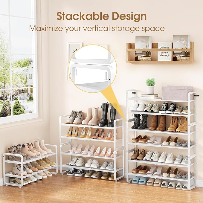 SAYZH 2-Tier Expandable Shoe Rack for Closet, Adjustable Metal Shoe Organizer with Sturdy Mesh Shelves for Boots & Heels, Stackable Shoe Storage for Entryway, Garage, Small Spaces (White, 2-Tier)