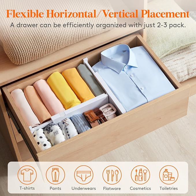 Lifewit 4 Pack Upgrade Drawer Dividers for Clothes, 4" High 11"-17" Adjustable Dresser Drawer Organizers, Expandable White Plastic Drawer Separators for Kitchen, Nursery, Office Organization & Storage