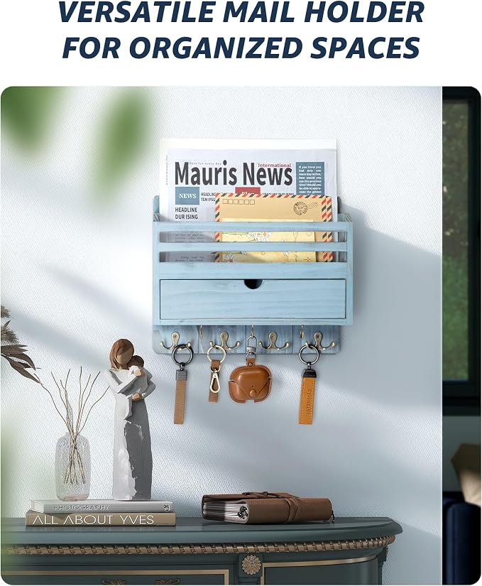 Rebee Vision Mail Organizer Wall Mount for Home Decor, Distressed Blue | Key and Mail Holder for Wall, 7 Key Hooks, Drawer Organizer, Mail Sorter, Key Hanger, Home Essentials, Room Decor Aesthetic