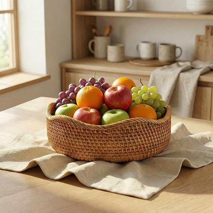 YANGQIHOME Rattan Bread Basket, Round Fruit Baskets, Wicker Storage Bowls, Natural Woven Serving Basket Bowls, Decorative Baskets for Kitchen Counter Organizing (Natural M)