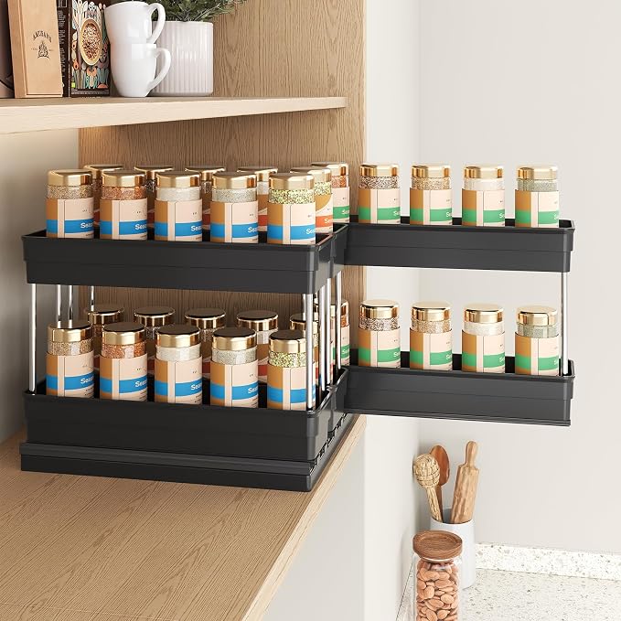 Mystozer Pull Out Spice Rack Organizer for Cabinet, Slide Out Spice Racks Organizer, Easy to Install Spice Cabinet Organizers, 8.5''Wx10.5''Dx8.3''H, 3 Drawers - 2 Tiers (Black)