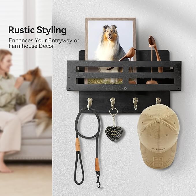 Key Holder Wall Mount, 10 inch Decorative Key and Mail Holder for Wall, with Mail Organizer & 4 Key Hooks, Rustic Wooden Key Rack for Hanging Dog Leash Sunglasses, Entryway Key Hanger, Black
