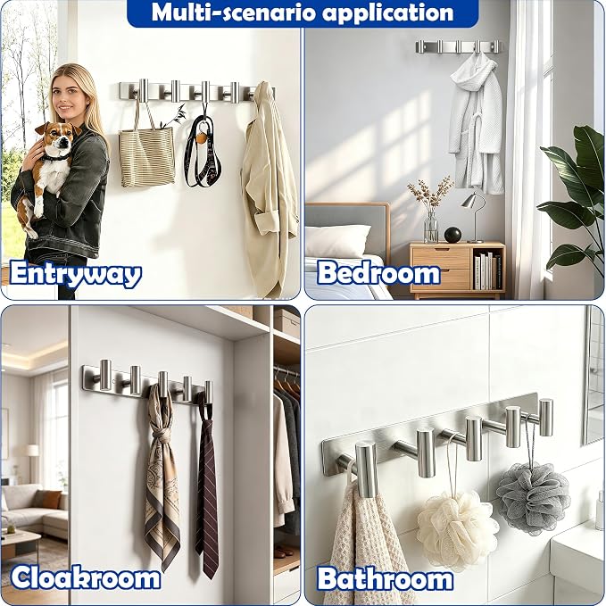 Brushed Nickel Coat Rack Wall Mount - 5 Hooks, Heavy Duty Stainless Steel Wall Hooks for Towels, Coats, Robes, Bags, Hats, Keys, Wall Coat Hanger for Bathroom, Entryway, Kitchen, Hotel, Bedroom,Office