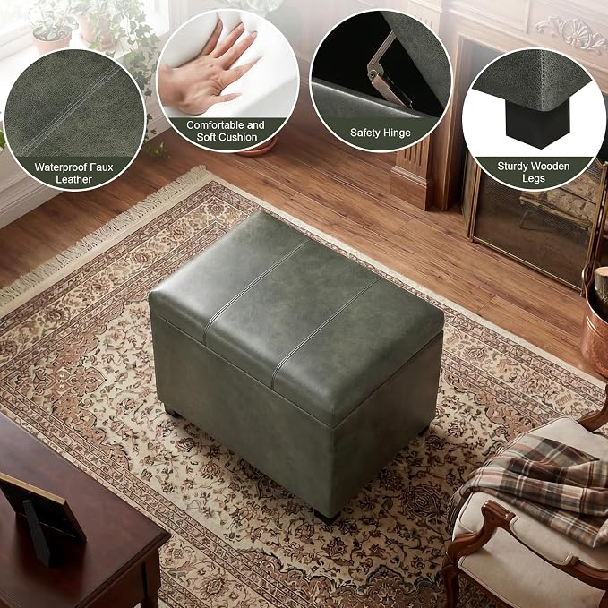 24" Faux Suede Storage Ottoman Bench, Rectangle Foot Rest Stool for Living Room, Bedroom, Entryway, Moss Green
