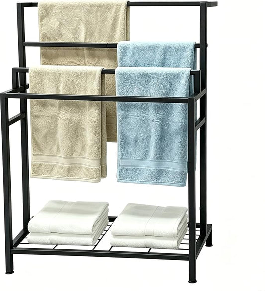 Standing Towel Rack with Shelf, 4-Tier Freestanding Towel Rack with Extra Storage Space, Stable Base Bath Blanket Holder for Bathroom, Laundry Room – Holds Towels, Blankets, Scarves, Matte Black
