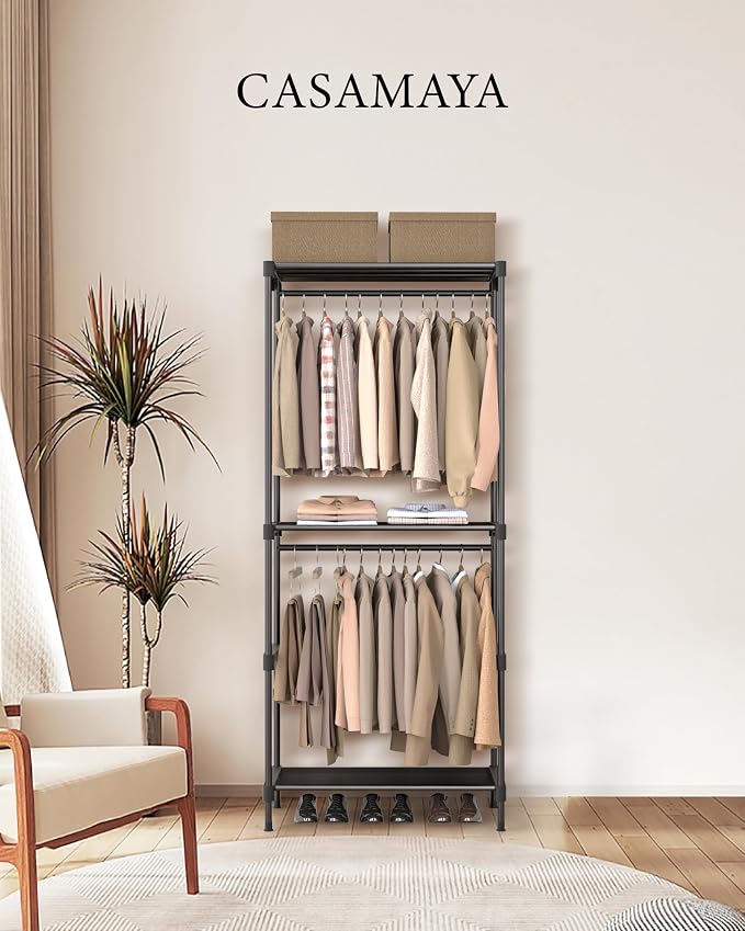 CASAMAYA Clothes Rack, Portable Closet, 27.6 Inch Wardrobe Closet, Clothes Storage Organizer with Shelves and 2 Hanging Rods, Easy to Assembly, Black PCT001B01