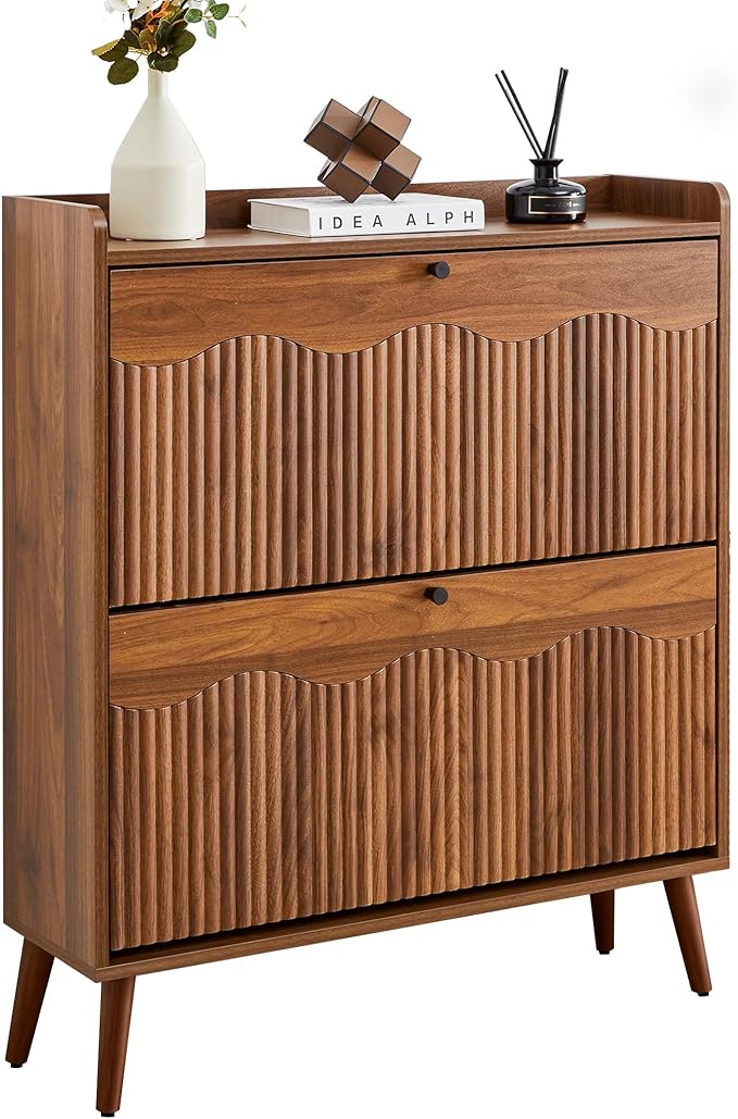 BERRYMERRY 31.5" Fluted Walnut Shoe Storage Cabinet with 2 Flip Drawers | narrow,entryway,adjustable feet,24 pairs shoe,shoe organize,hidden shoe rack,fluted panel,wave pattern,wood,space saving