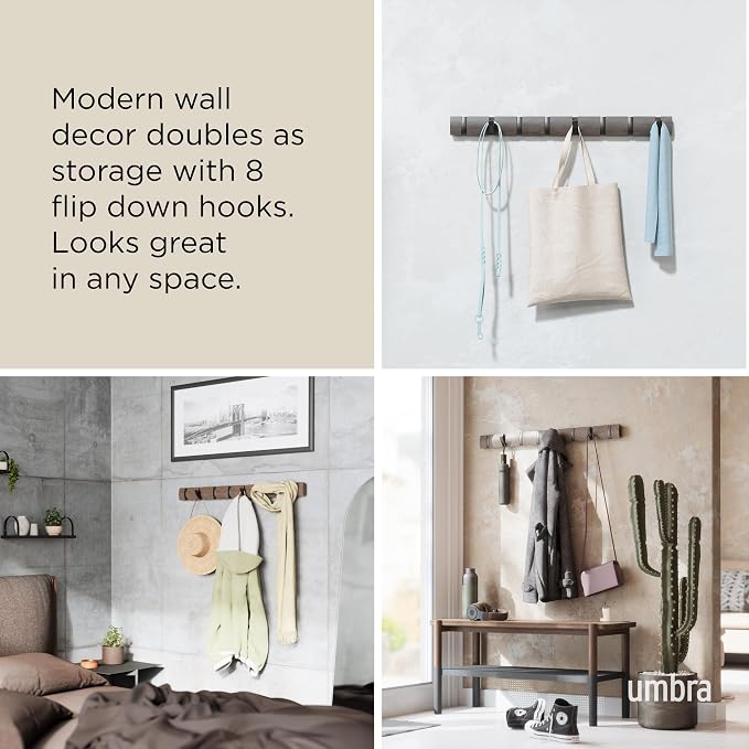 Umbra Flip Coat Rack, Wall Mount 8-Hook, Space Saving, White | Real wood and steel build, retractable hooks fold flat, holds coats bags and scarves, easy install