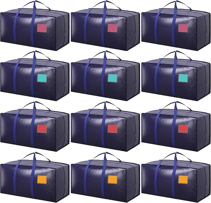 12 Pack Moving Bags with Full-Open Side Zipper, Extra Large 93L Heavy Duty Waterproof Foldable Storage Totes for College Dorm, Moving & Home OrganizationDarkBlue