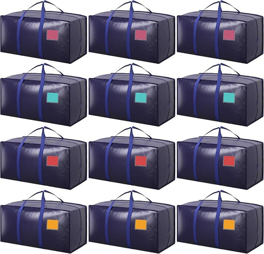 12 Pack Moving Bags with Full-Open Side Zipper, Extra Large 93L Heavy Duty Waterproof Foldable Storage Totes for College Dorm, Moving & Home OrganizationDarkBlue