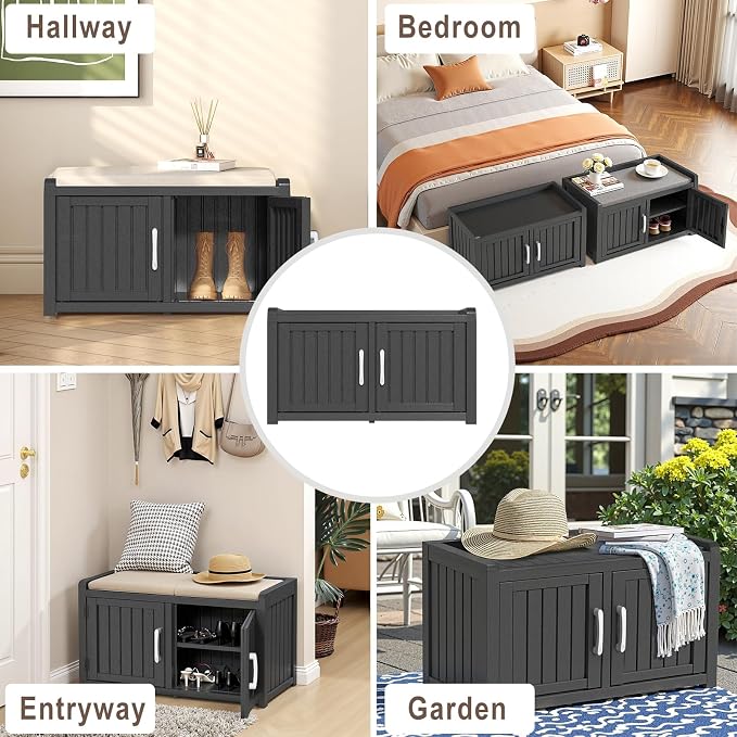 ROJIK Shoe Cabinet Storage Bench Indoor Outdoor, Waterproof UV-Resistant Resin Entryway Furniture with Adjustable Shelves for Hallway, Living Room and Bedroom (Double Door,Black)