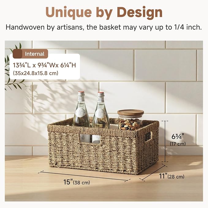 StorageWorks Large Wicker Baskets for Organizing, Seagrass Storage Basket with Built-in Handles for Pantry, Entryway, Living Room, 1 Pack