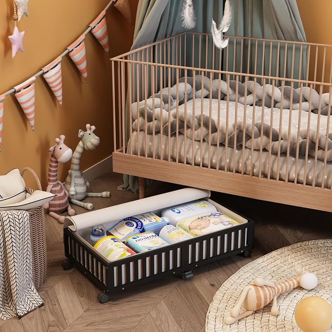 2 Pack Large Bamboo Under Bed Storage Containers with Wheels, Black | Underbed Drawer Storage with Bag, Wood Rolling Underbed Organizer for Shoes, Sheets Clothes Blanket Comforter, Under Crib Toy