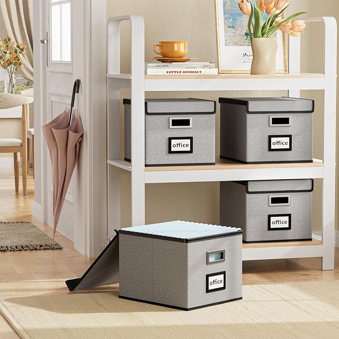 File Organizer Box with Lids, Collapsible File Folder Organizer | File Box with Plastic Slides for Office Document Storage, Filing Bin for Letter Size Hanging File Folders (1 Pack, Gray)
