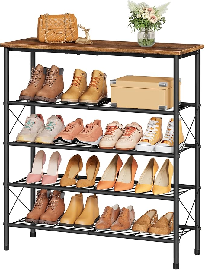 5 Tier Shoe Rack for 16-20 Pairs of Shoes, Rustic Brown & Black | Sturdy & Durable, X Shape Fixed Frame, Metal Mesh Shoe Shelf, Industrial, For Closet, For Entryway Shoe Storage