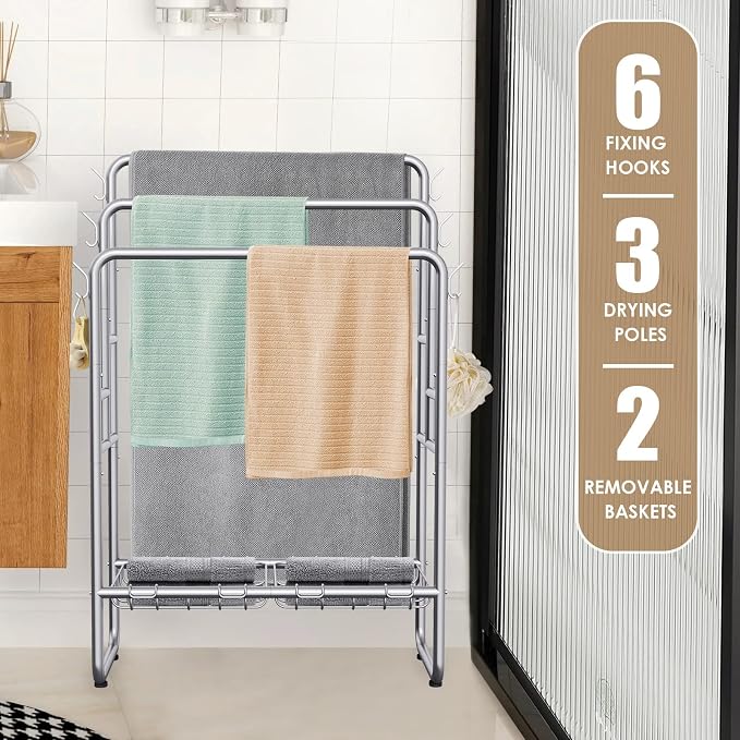 Kayfia 40'' Freestanding 3 Tier Metal Towel Rack, 2 Baskets & 6 Hooks | Dual-Use Drying & Display Rack, Holds Oversized Bath Towels & Blankets, fits Indoor, Bathroom, Bedroom & Outdoor, Silver