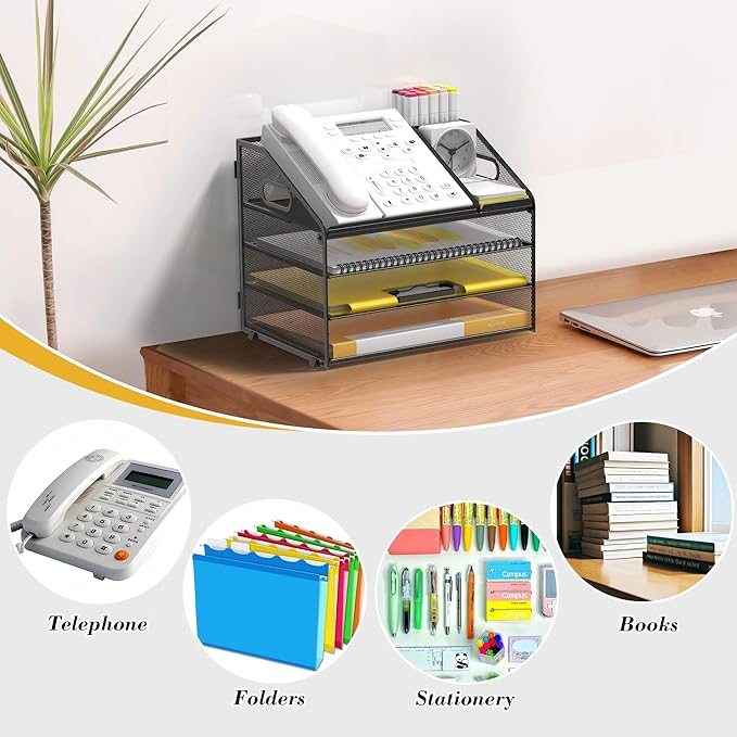 4 Tier Mesh Desk Organizer with Pen Holder and Handle Letter Tray | Metal desktop document shelf and paper sorter. Premium mesh workspace storage for office, home, and classroom