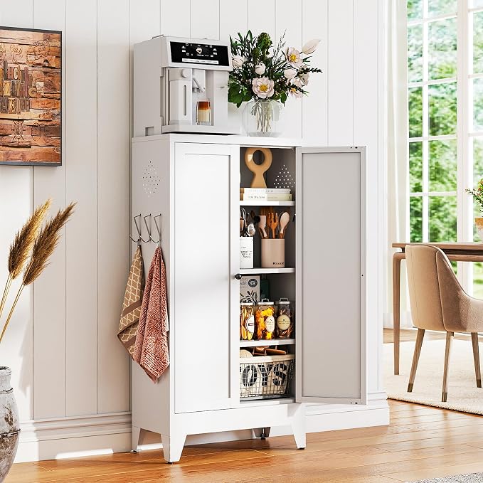 AQY Metal Pantry Cabinet, White Kitchen Storage Cabinet with Doors | Adjustable Shelves Freestanding Storage Metal Cabinet Kitchen, Dining & Bathroom Organization