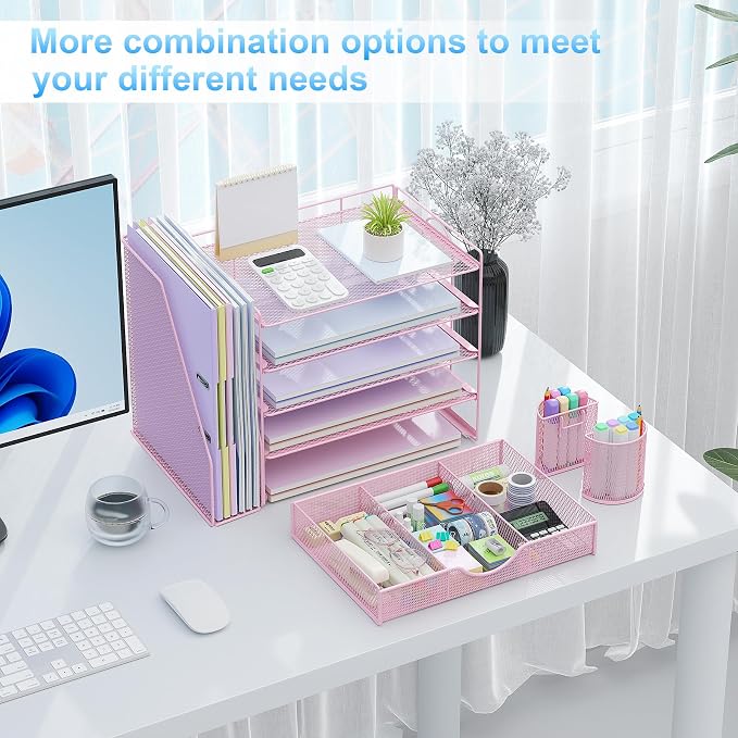 gianotter 5-Tier Desk Organizer with Drawers and File Holders | Letter Trays and Pen Holders - Workspace Accessories for Office Supplies (Pink)