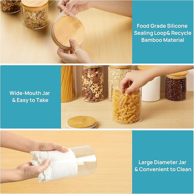 Vtopmart Glass Food Storage Jars, 7 Pack Kitchen Containers with Airtight Bamboo Wooden Lids for Pasta, Cookies, Nuts, Coffee Beans, Cereal, Canisters Set for Flour, Pantry Organization, BPA Free | 7-Pack Multi-Size Canisters Set for Pasta, Cookies, Nu...