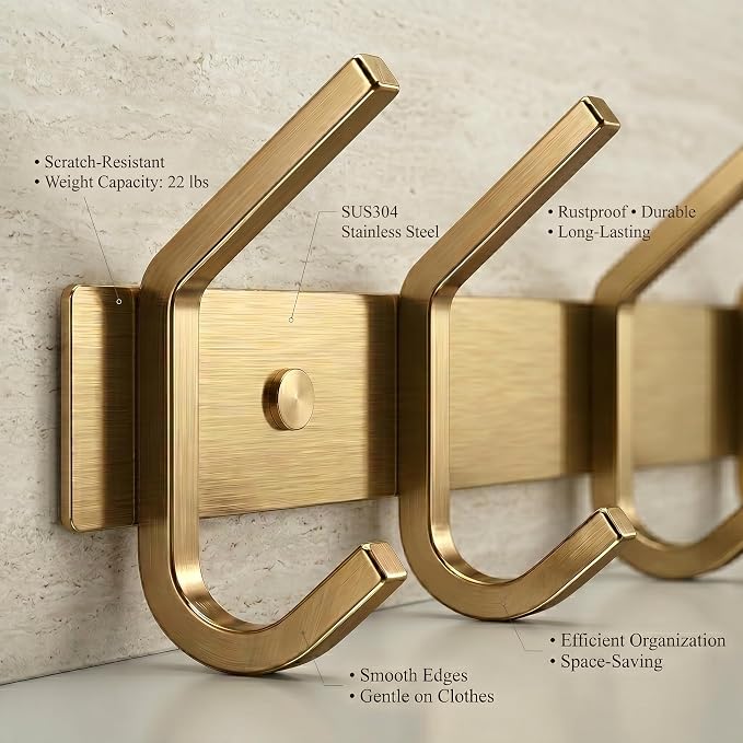 Brushed Gold Wall Mounted Coat Rack – 30 Inch Stainless Steel Rail with 10 Double Coat Hooks for Entryway, Bathroom, Bedroom, Kitchen – Modern Gold Hook Rack for Coats, Hats, Towels