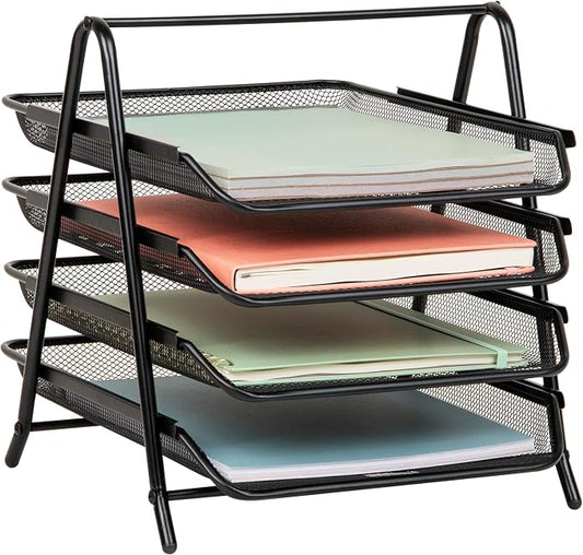 Mind Reader 4-Tier Paper Tray, Desktop Organizer, File Storage, Workspace, Office, Metal Mesh, 12"L x 13.75"W x 12.5"H, Black