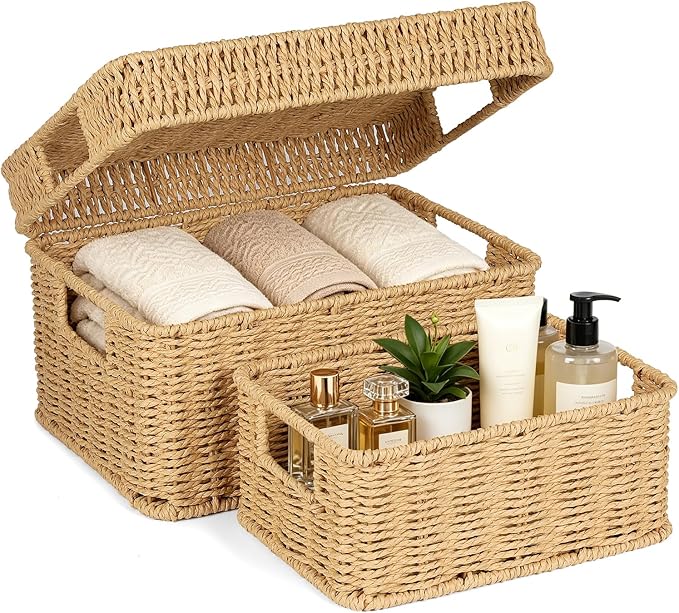 Wicker Storage Basket with Lid for Shelves, Set of 2, Natural | One rectangular wicker basket with lid and one open basket for decorative shelf storage; removable lid flips into a tray.