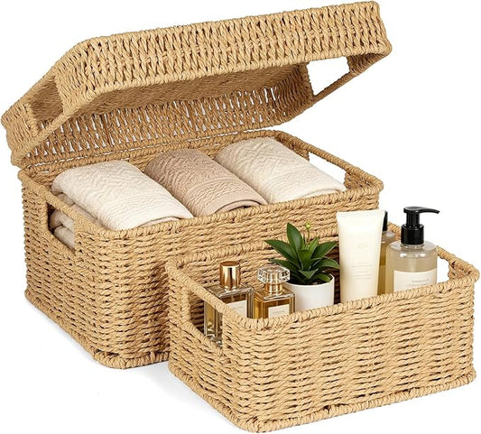 Wicker Storage Basket with Lid for Shelves, Set of 2, Natural | One rectangular wicker basket with lid and one open basket for decorative shelf storage; removable lid flips into a tray.
