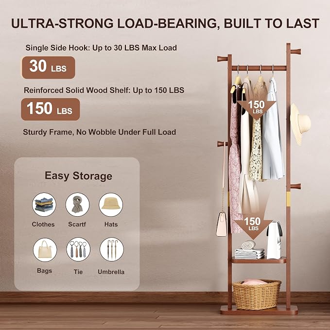 Coat Rack Freestanding, Solid Wood Clothes Rack with 2 Shelves & 5 Hooks for Hanging Clothes Garment Wallets Hats, Heavy Duty Clothes Rack Stand for Hall, Bedroom, Living Room (Walnut brown)