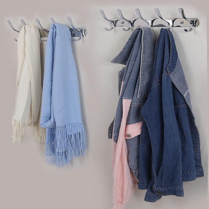 SKOLOO Coat Rack Wall Mount - Modern, Metal Wall Coat Rack with 5 Hooks, Pack of 2, Sturdy Wall Hook Rack Rail for Hanging Coat, Jacket, Clothes, Hat, Silver