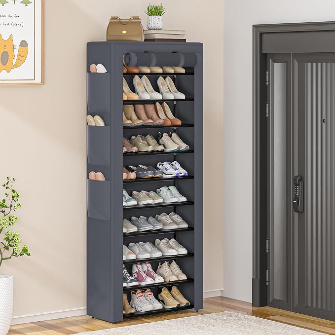 OYREL Shoe Rack Dustproof 10 Tier Tall Large Storage with 6 Storage Pocket | Space Saving Fabric Cover Shoe Organizer Shelf for Closet, Bedroom, Garage, Entryway, Narrow Free Standing Cabinet Holder
