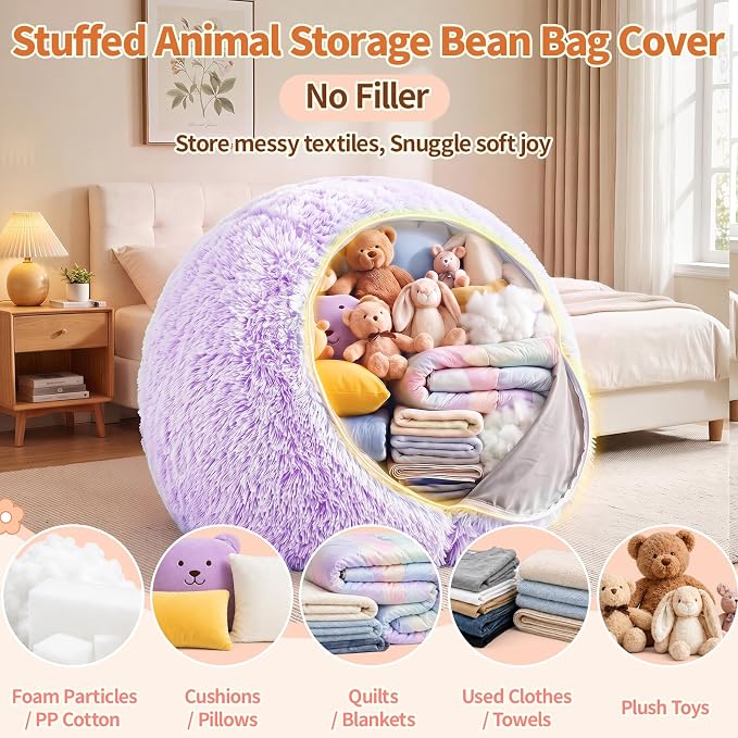Stuffed Animal Storage Bean Bag Chair Cover, Soft Bean Bag Cover | Fluffy Faux Fur Stuffed Animal Storage Chair, Non-Slip Bottom, Fill with Plush Toys or Blankets, for Adults Teens Kids Girls