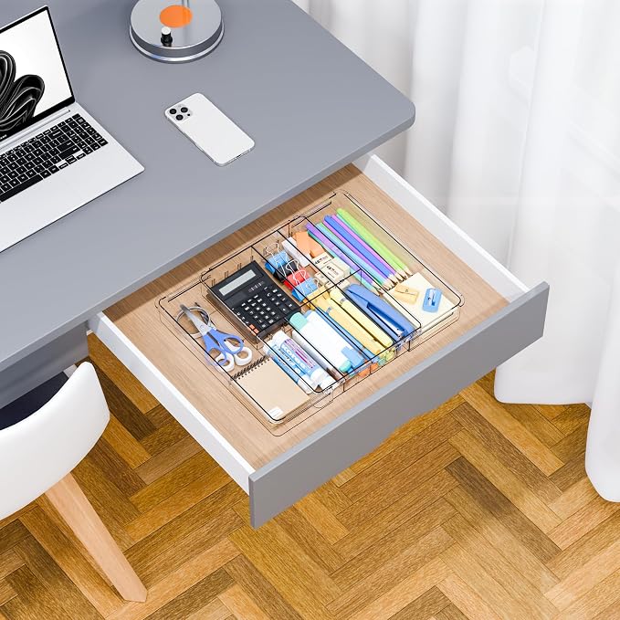 Yieach Expandable Desk Drawer Organizer Tray,1.8 Inch High Junk Drawer Organizer for Kitchen,Clear Shallow Office Drawer Organizers With 10 Compartments for Pencil,Pen,Office Supplies and Accessories