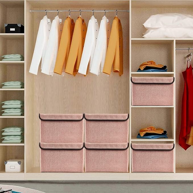 Bagnizer Linen Fabric Foldable Storage Cube Bin Organizer Basket with Flip-Top Lid & Handles, Large Clothes Blanket Box for Home, Office, Closet, Pink, 4 Pack 14.6 x 9.5 x 9.5”