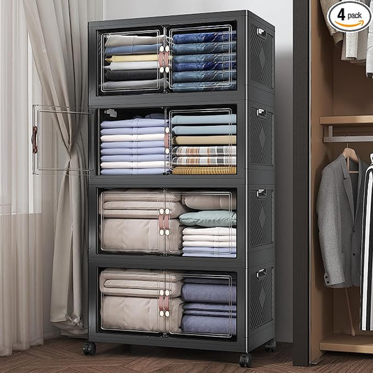Stackable Storage Bins with Lids, 480QT Closet Organizers and Storage Cabinet with Doors & Wheels, Lockable Plastic Foldable Drawers for Bedroom Dorm Office Garage（120QT*4,Black）