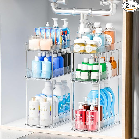 2 Pack 3 Tier Large Pull Out Bathroom Organizers and Storage,13.8″ Deep Sliding Kitchen Under Sink Organizer for Cleaning Products Storage,Acrylic Clear Bathroom inder Sink Organizer,Undersink Storage