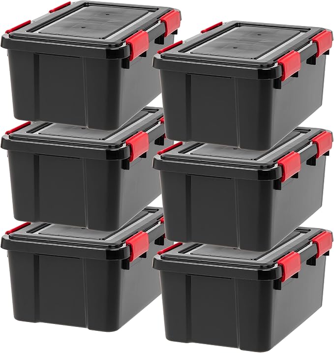 IRIS USA 6-Pack 19 Qt Storage Bins with Gasket Lids, Black/Red | WeatherPro seal protects shoes, crafts, documents and supplies from dust and moisture